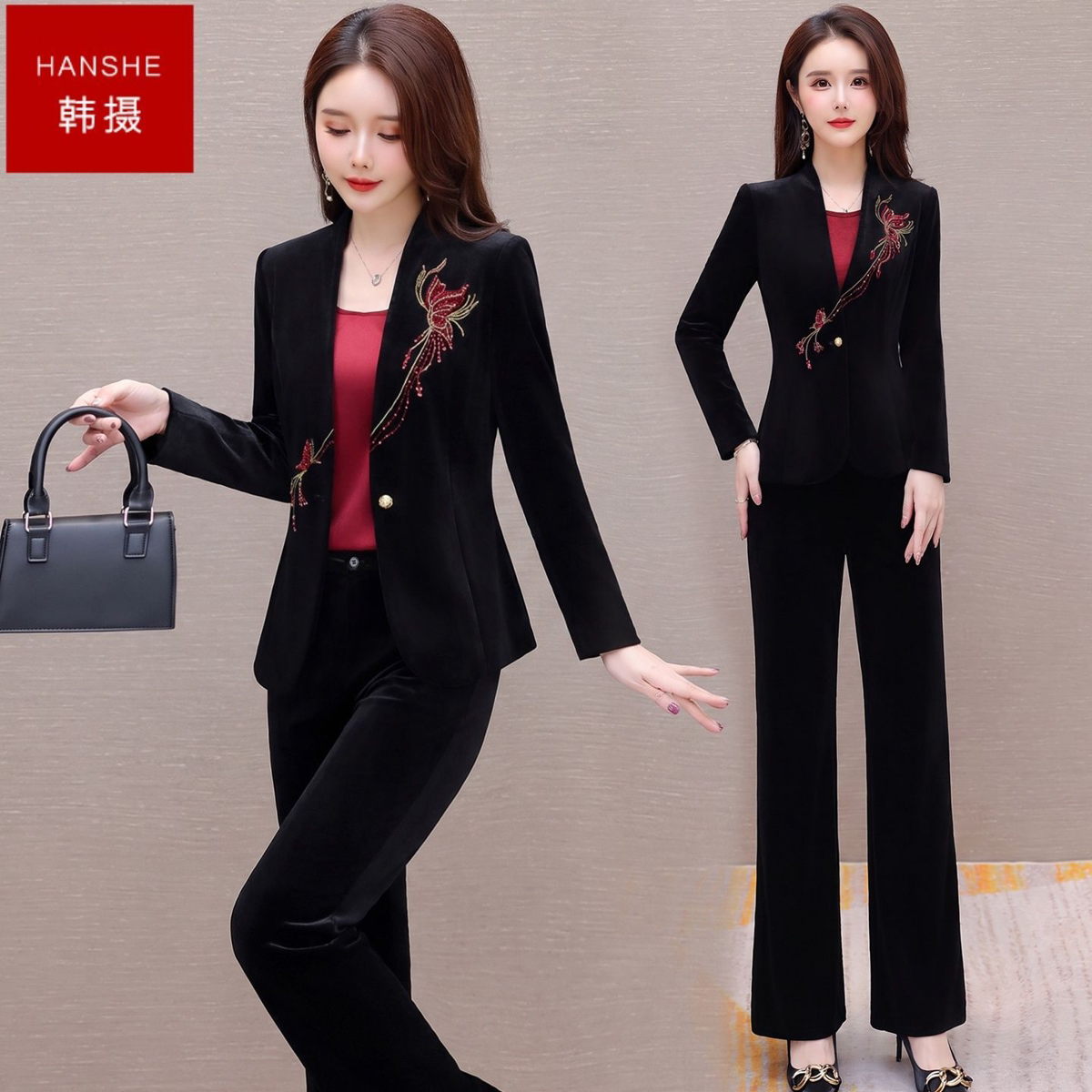 韩摄时尚外套吊带裤子三件套2026秋季新款气质优雅显瘦洋气套装女