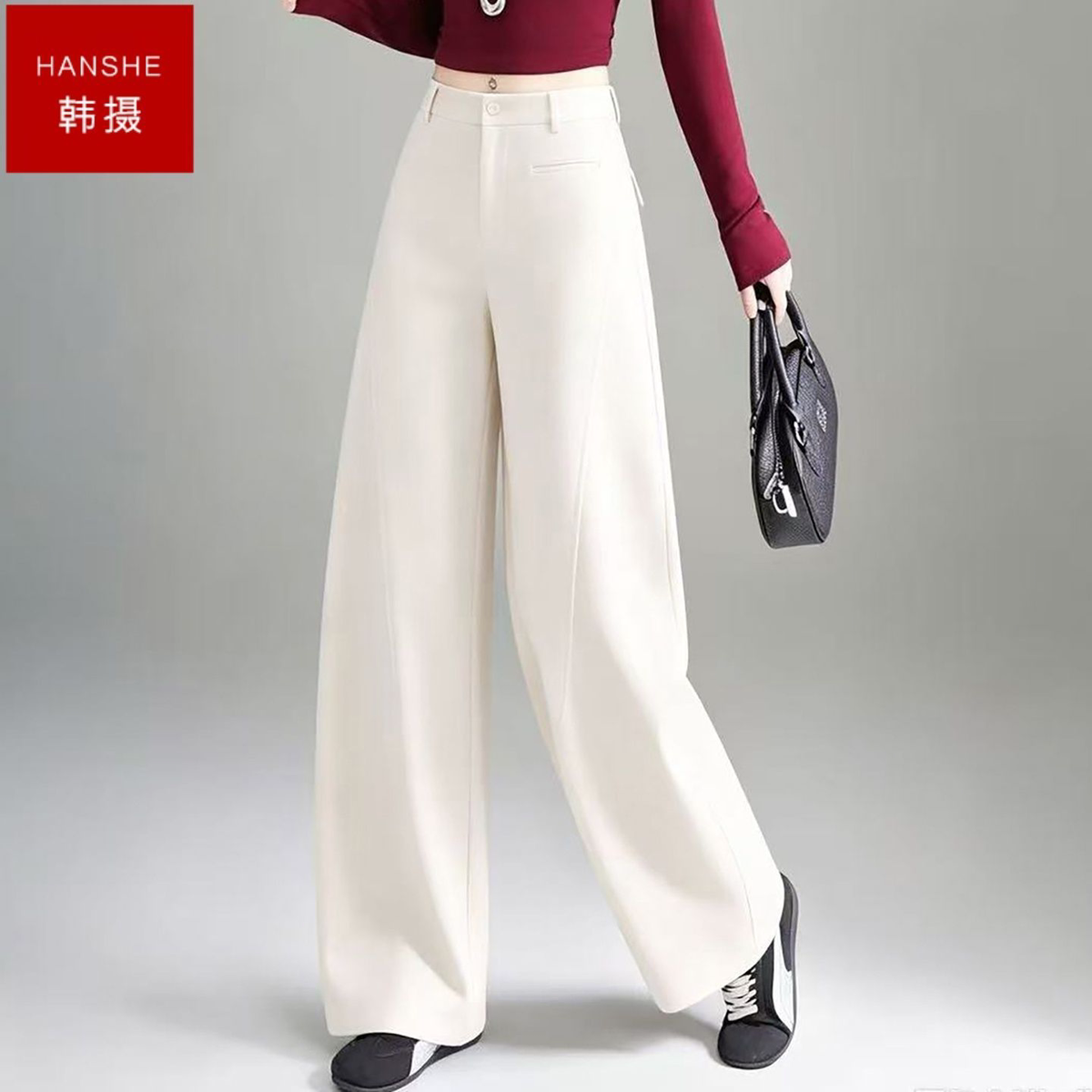 韩摄窄版阔腿裤女2026秋季新款松紧腰筒裤显瘦腿直腿长宽松休闲裤