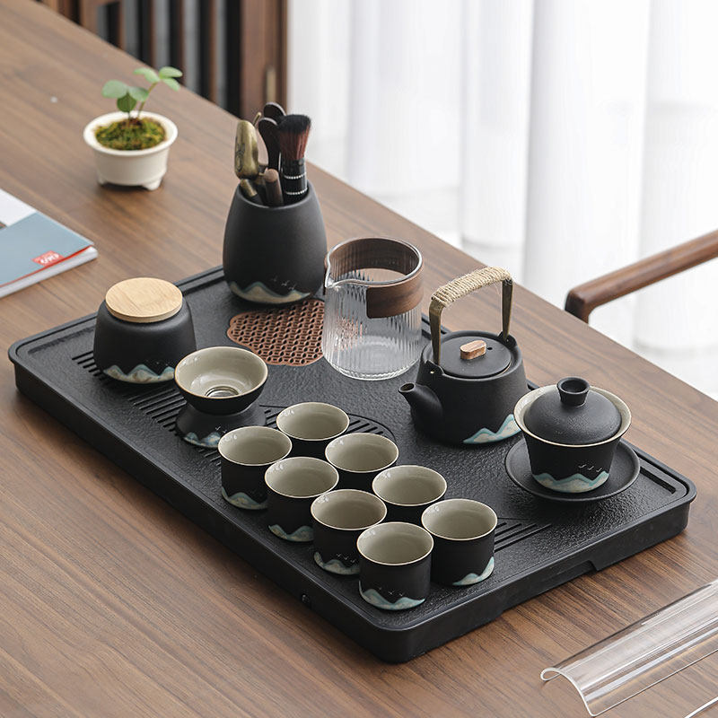现代手绘功夫茶具套组家用茶盘泡茶具整套茶壶茶杯商务会客送礼