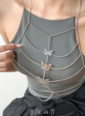 BRNT 复古辣妹性感多层金属蝴蝶身体链腰链女可调节设计胸链配饰
