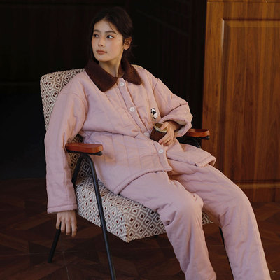 冬款新款三层夹棉女士熊猫刺绣口袋加厚翻领开衫宽松家居服可外穿