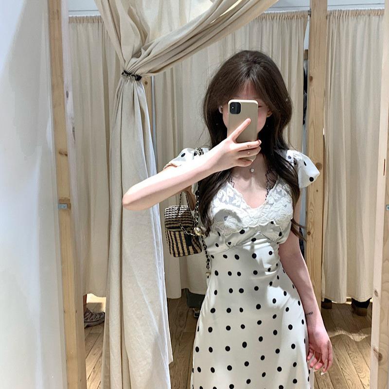 纯欲蕾丝花边波点V领连衣裙女装夏季修身收腰直筒裙长裙优雅