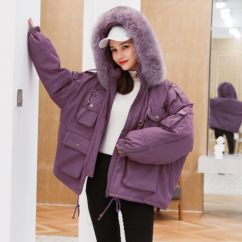 反季清仓大毛领羽绒服2020年新款女短款收腰时尚白鸭绒工装派克服