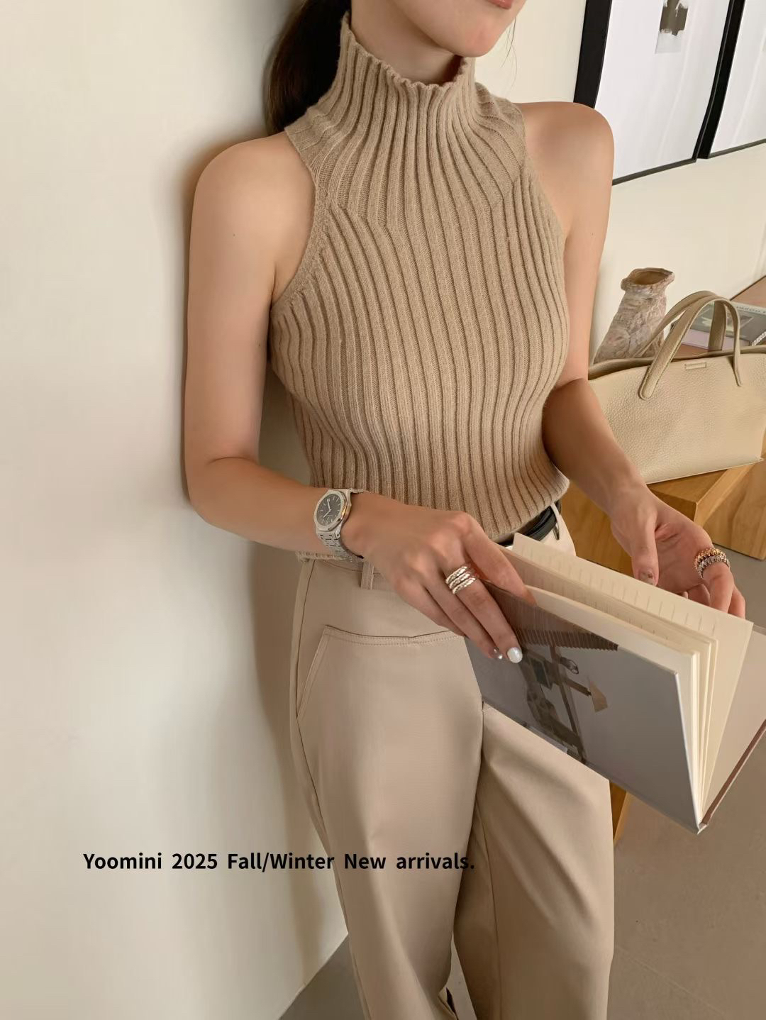 Yoomini2025秋半高领羊毛修身针织背心女韩系高级感内搭无袖上衣