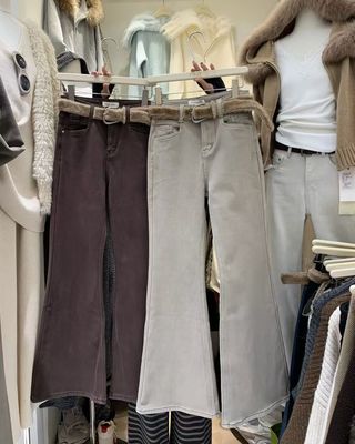 PULLY2025韩冬高品质加绒加厚显瘦百搭微喇裤女喇叭裤杏色牛仔裤