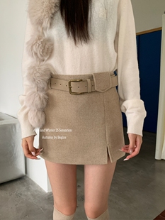 AME2025冬高品质加厚前开叉羊毛呢配皮带半身裙女显瘦A字裙半身裙
