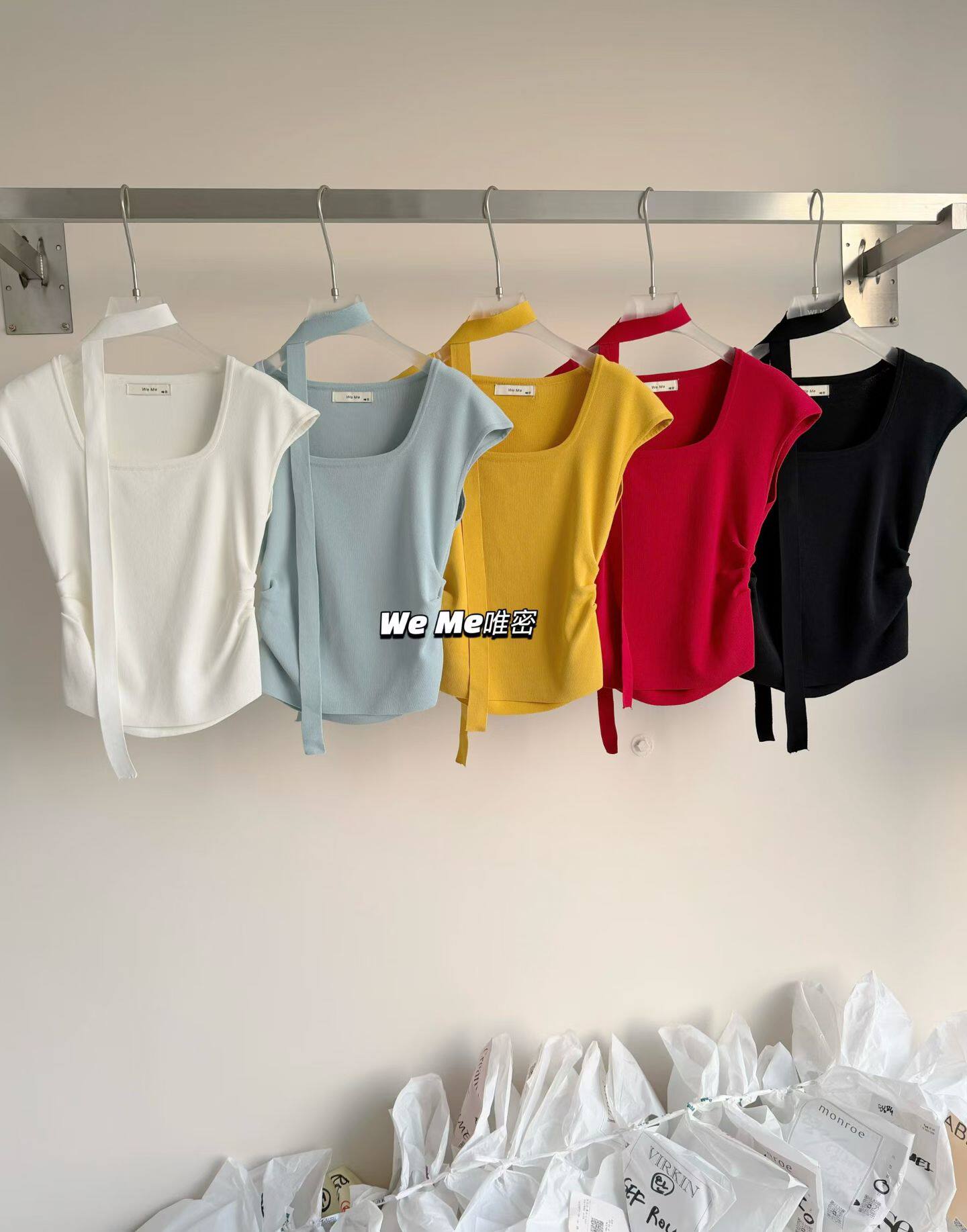 WEME2026夏季新款韩版气质挂脖飘带方领针织衫修身显瘦上衣