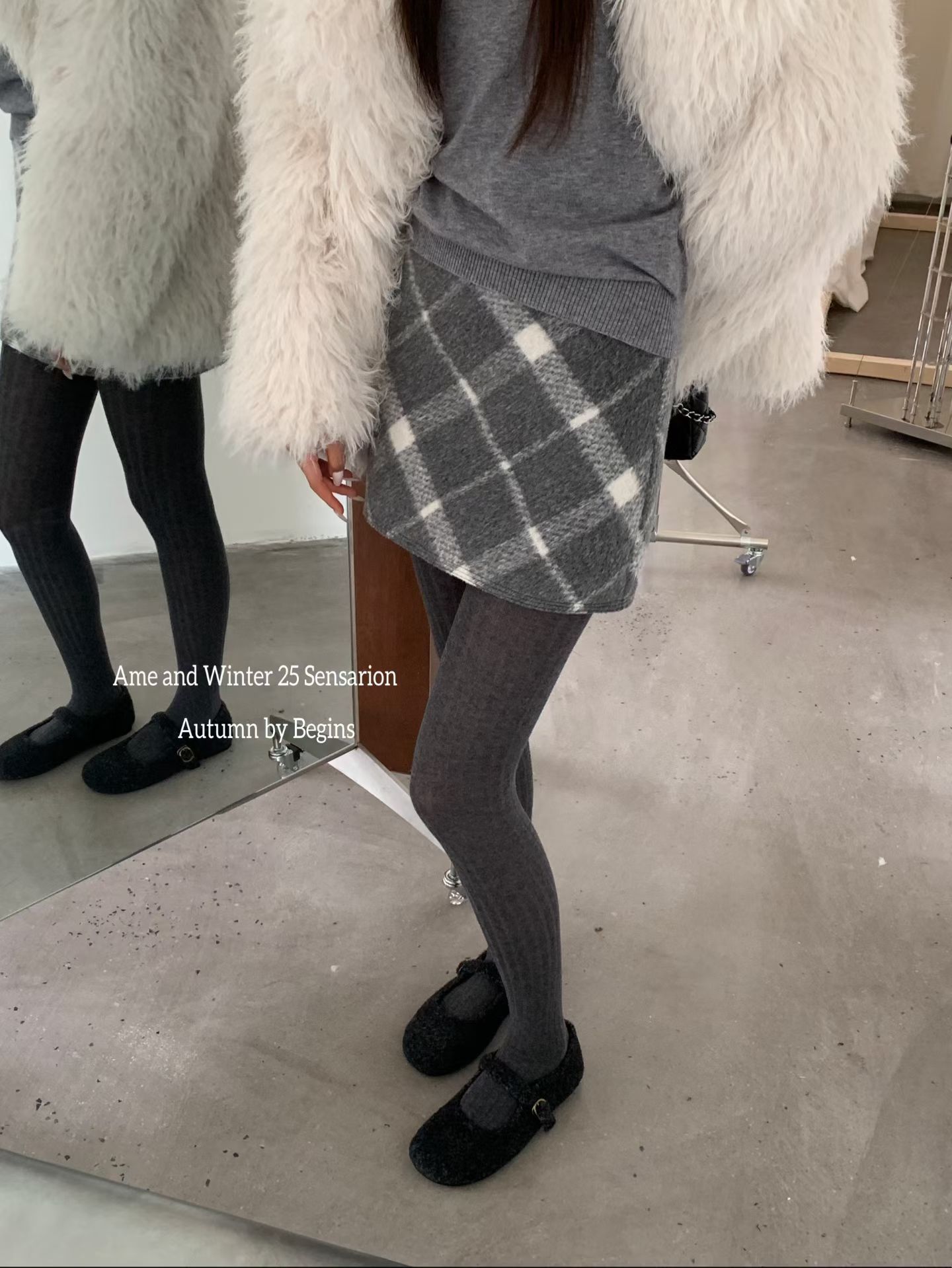 AME2025秋冬新款韩版设计感加厚双面羊毛高腰显瘦格子半身裙女