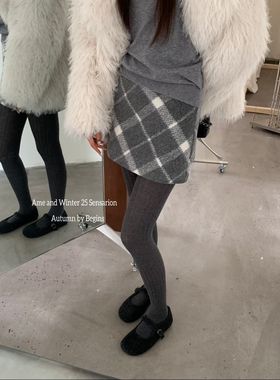 AME2025秋冬新款韩版设计感加厚双面羊毛高腰显瘦格子半身裙女