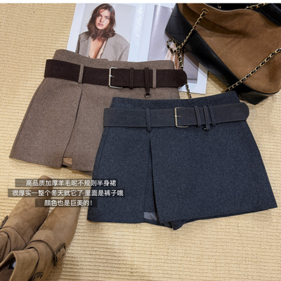 AME2025冬装设计感高品质加厚羊毛呢不规则开叉配皮带半身裙A字裙
