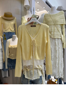 开衫 one 假两件V领系带拼接镂空针织衫 新款 上衣女 family2026春季