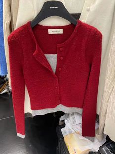 WANGHONG2025韩版冬设计感撞色拼接假两件长袖针织衫修身显瘦上衣