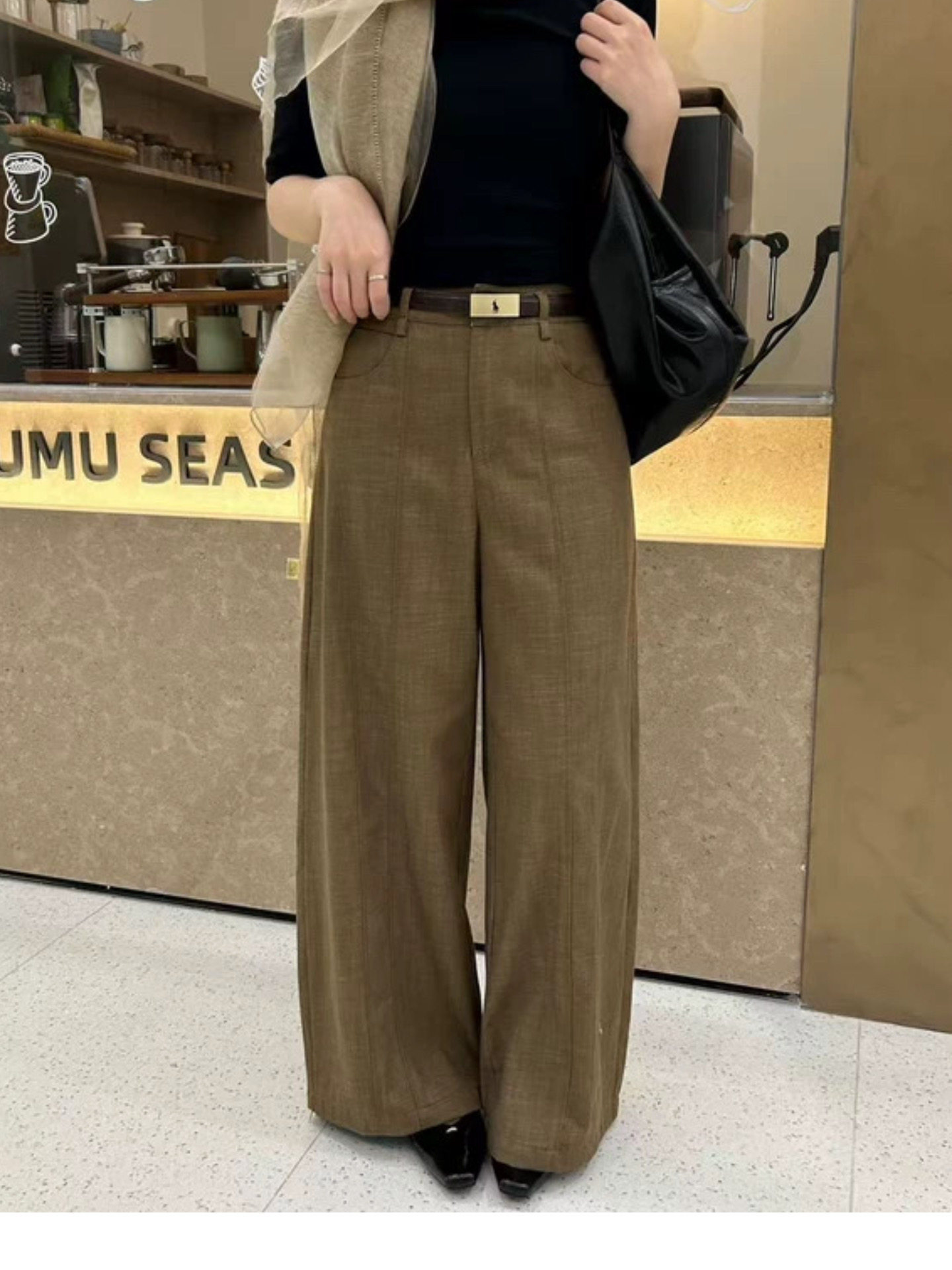 WUZHINUHAI2026新高品质设计感高腰显瘦配皮带直筒阔腿裤休闲裤女