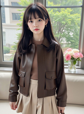 女童纯色皮衣外套2025春秋新款儿童百搭秋装女宝复古港风夹克开衫