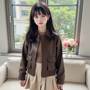 女童纯色皮衣外套2025春秋新款儿童百搭秋装女宝复古港风夹克开衫