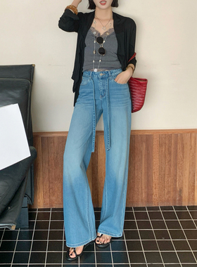 CKLY66918斯卡洛依窄版直筒裤牛仔裤女遮胯显瘦绑带系绳拖地长裤