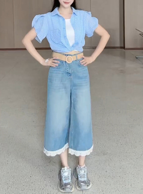 [现货]CKLY66511斯卡洛依七分牛仔裤波西米亚风阔腿裤小个子中裤