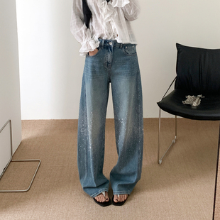 CKLY2881斯卡洛依烫钻弯刀裤2026春满天星宽松镶钻高腰阔腿牛仔裤