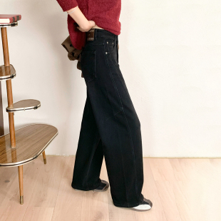 【现货】CKLY2715斯卡洛依加绒加厚黑色弯刀裤女冬宽松阔腿牛仔裤