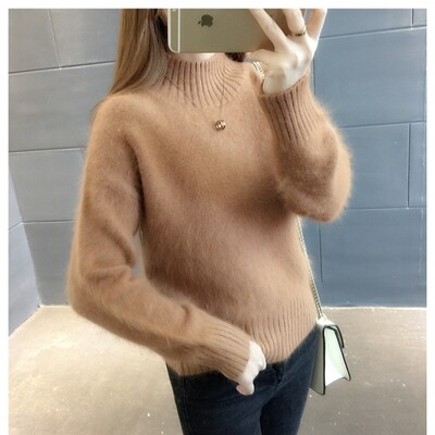 水貂绒新款针织衫女半高领秋冬新款加绒宽松大码套头打底衫毛衣潮