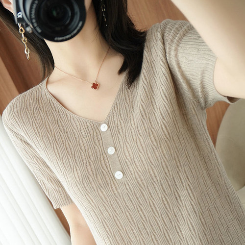 v领桑蚕丝短袖洋气纯色