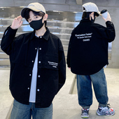翻领长袖 春秋款 帅气潮流中大童休闲衬衣黑色 衬衫 男童中大儿童工装