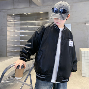 潮 痞帅机车风黑色PU夹克大童韩版 童装 男童中大童皮衣外套春秋新款