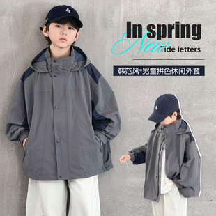韩版男童连帽拼色风衣中长款户外休闲外套中大童春秋款儿童外套潮