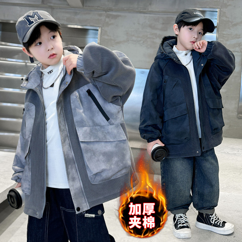 男童连帽夹棉外套秋冬款拼色棉衣