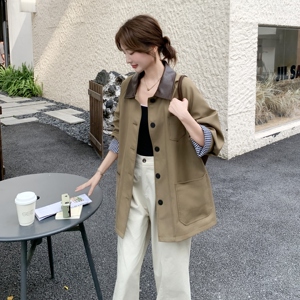 韩版卡其色翻领风衣外套女2025春秋季新款复古撞色学院风减龄上衣图片