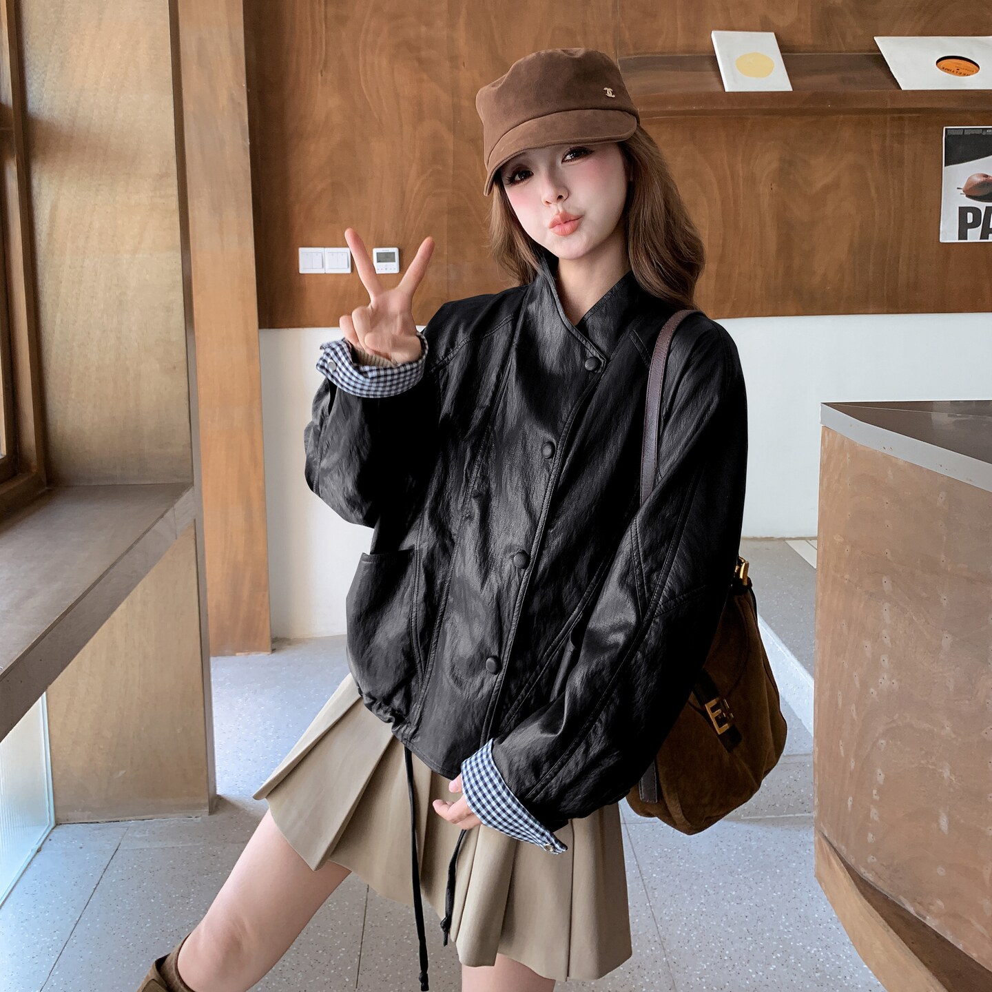 3992-P175-K265袖口拼格子两色皮衣2026春季,女装皮衣,2C033