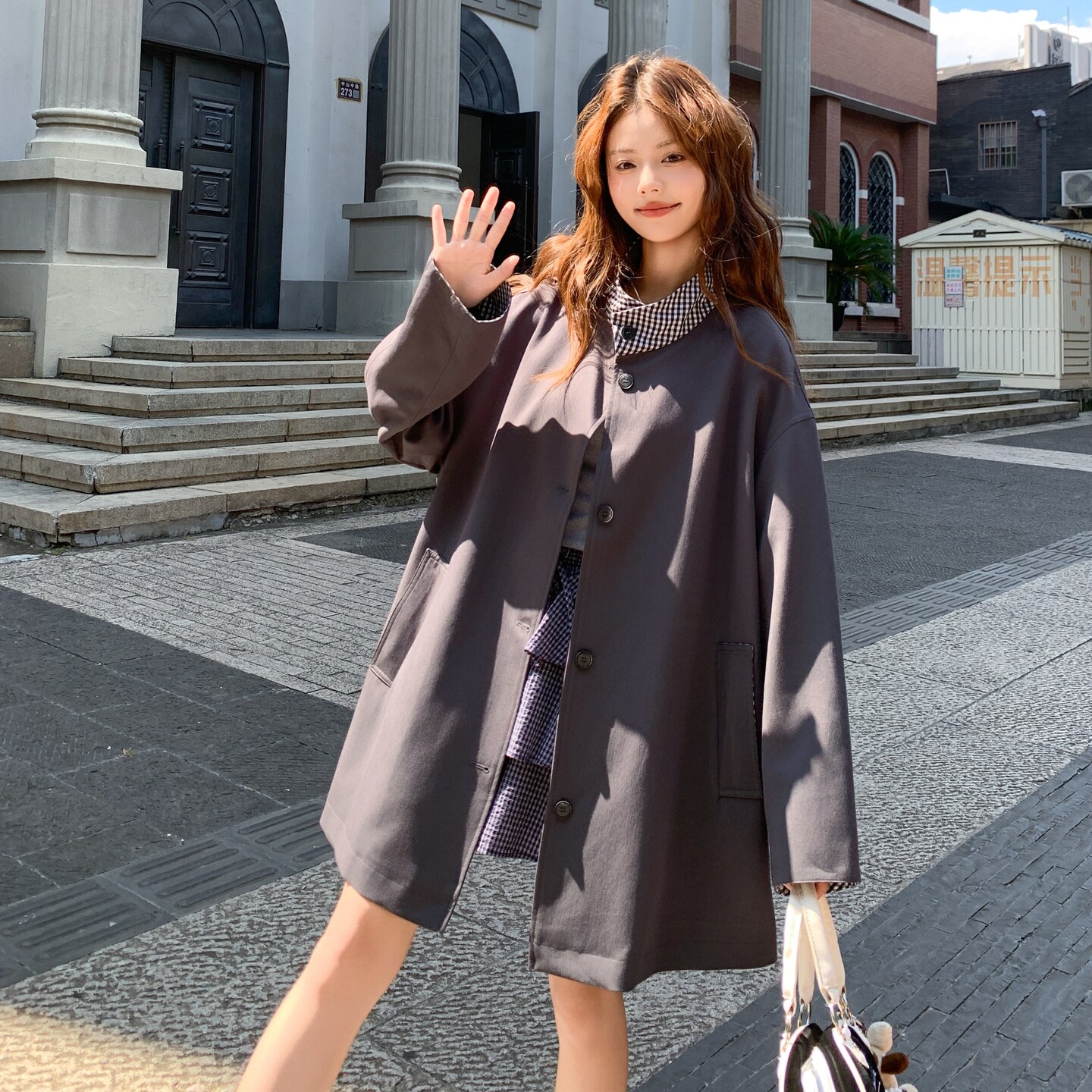 韩系宽松慵懒风格纹立领风衣2025年秋新款中长款小个子超好看外套图片
