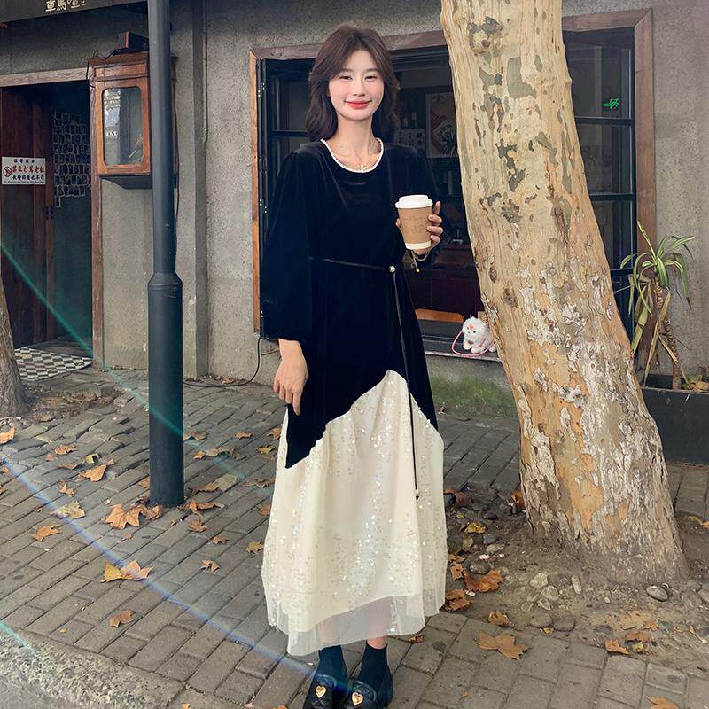 黑色丝绒亮片拼接网纱连衣裙女早春2025年新款法式复古高级感长裙,女装连衣裙,2C033
