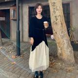 黑色丝绒亮片拼接网纱连衣裙女早春2025年新款法式复古高级感长裙，女装连衣裙，2C033