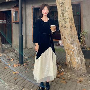 黑色丝绒亮片拼接网纱连衣裙女早春2025年新款法式复古高级感长裙图片