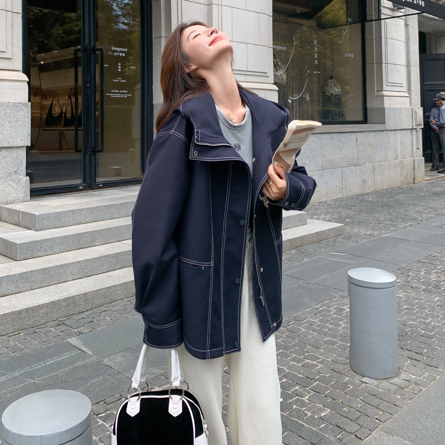 休闲连帽工装明线藏青色风衣外套女春秋2025新款巨好看高级感大衣,女装风衣,2C033