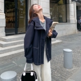 休闲连帽工装明线藏青色风衣外套女春秋2025新款巨好看高级感大衣，女装风衣，2C033