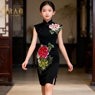 欣入荷小个子新中式刺绣牡丹花旗袍女黑色立领收腰显瘦包臀连衣裙