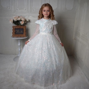 女童华丽风亮片礼服长袖白色钢琴演出服主持人生日公主裙