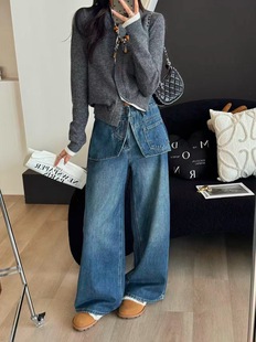 遮肉假两件阔腿牛仔裤 型超神 女秋冬设计感宽松直筒拖地裤 版