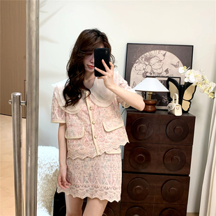 花妖原创复古法式少女粉色蕾丝绣花娃娃领衬衫高腰长短裙两件套装
