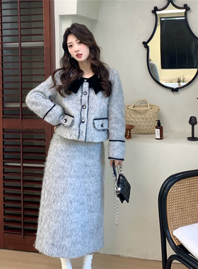 花妖原创复古法式庄园蝴蝶结领花灰色羊毛长毛呢外套长裙两件套装