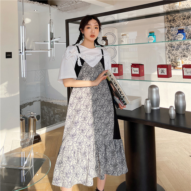 花妖原创小众春夏人像印花拼色V领吊带裙荷叶大摆连衣裙过膝长裙