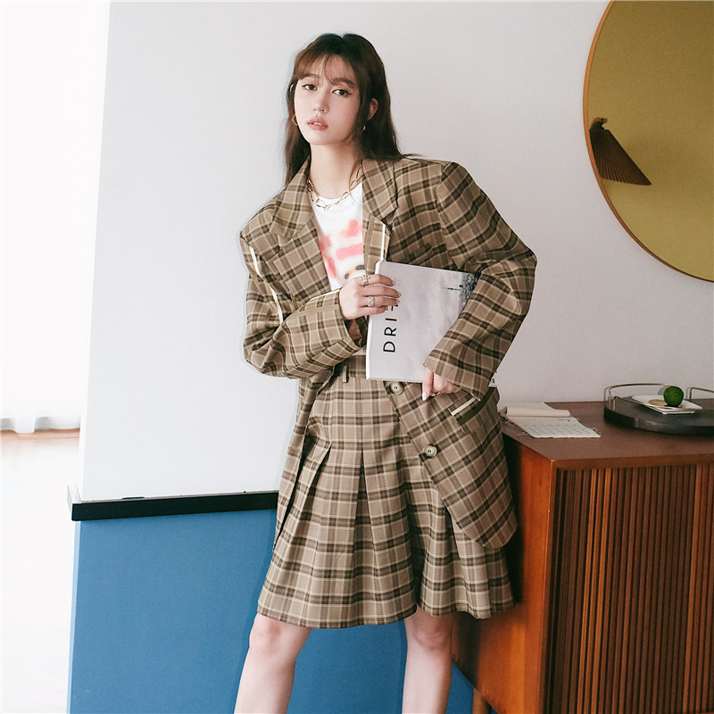 花妖原创复古英伦苏格兰格子高腰阔腿中裤百搭裙裤压褶五分休闲裤