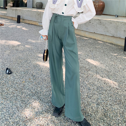 花妖原创小众春新复古法式大长腿系带阔腿休闲裤高腰灰绿色拖地裤