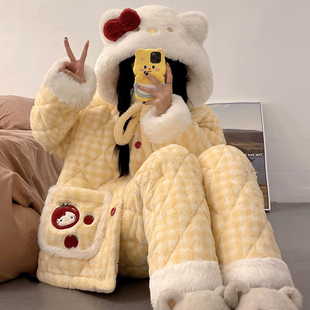 三层夹棉女士睡衣冬季加绒加厚连帽少女珊瑚绒保暖连帽家居服套装