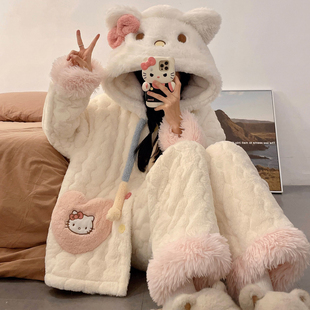 珊瑚绒三层夹棉加绒加厚睡衣女Kitty猫可爱冬季天外穿家居服套装