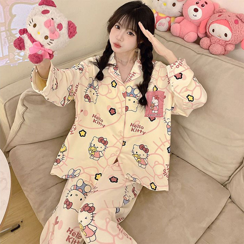 加大码300斤胖mm长袖睡衣女春秋季KT猫宽松可爱卡通家居服套装冬