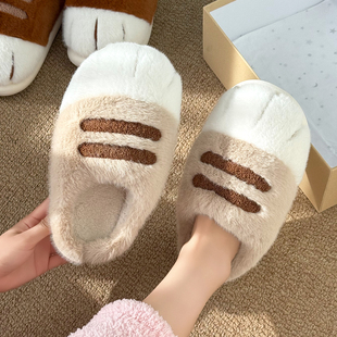 女冬情侣居家防滑厚底大学生宿舍保暖加绒棉鞋 2025新款 猫爪棉拖鞋