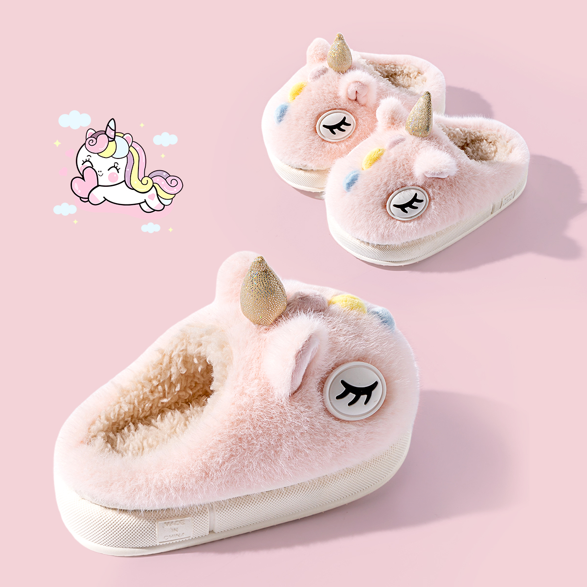 儿童棉拖鞋冬季女童居家防滑保暖可爱独角兽亲子小孩宝宝毛绒拖鞋